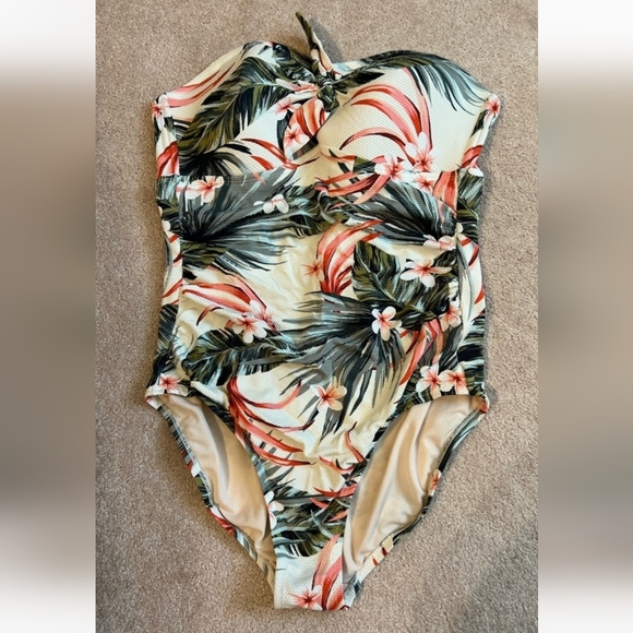 Kona Sol Tropical Floral Print One Piece Swimsuit, Size:  XL, Cream/Gree… - Picture 6 of 15